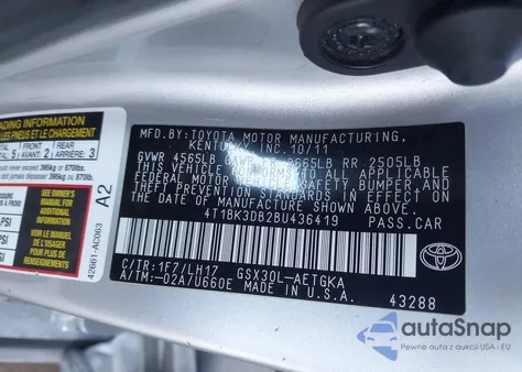 2011 Toyota Avalon Limited z USA, uszkodzony, nr VIN 4T1BK3DB2B4436419